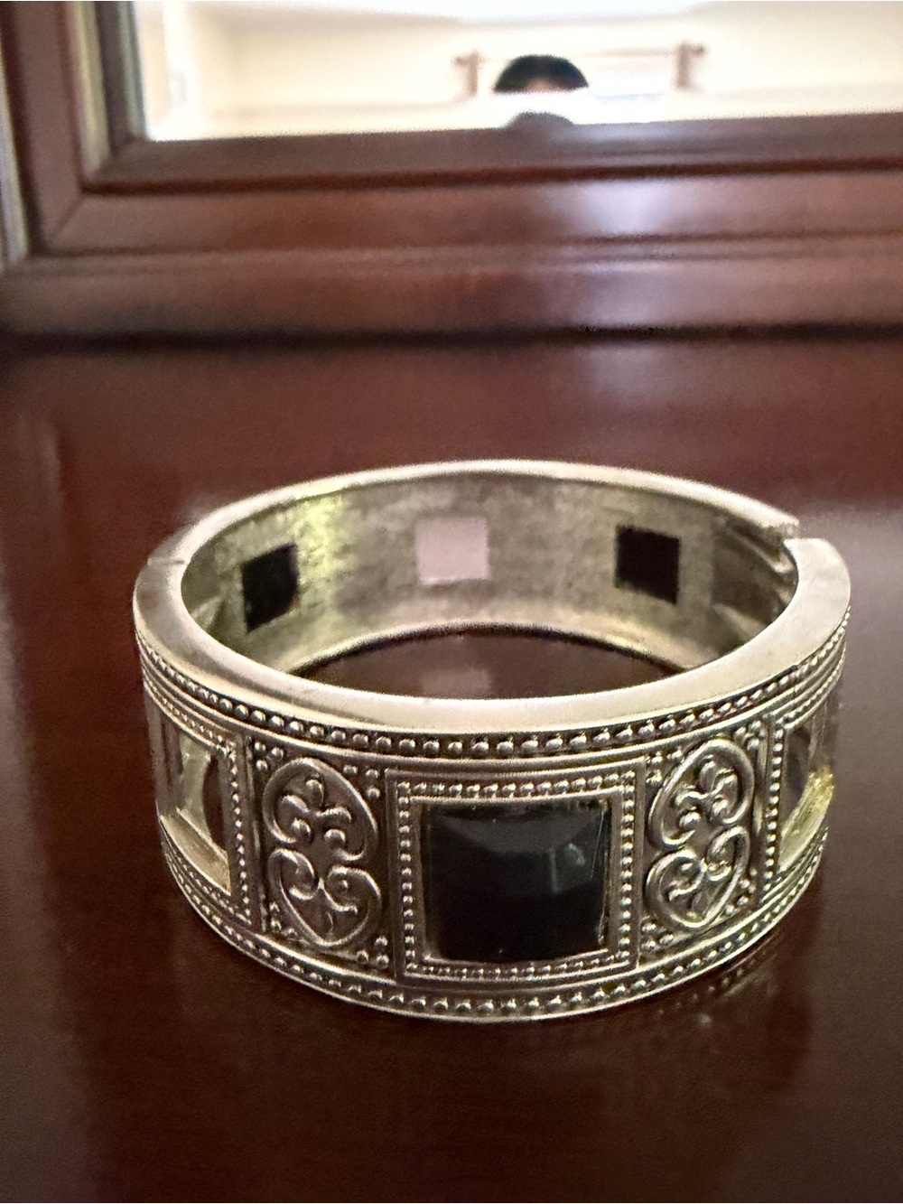 Silver-Tone Filigree Cuff Bracelet with Black Stones
